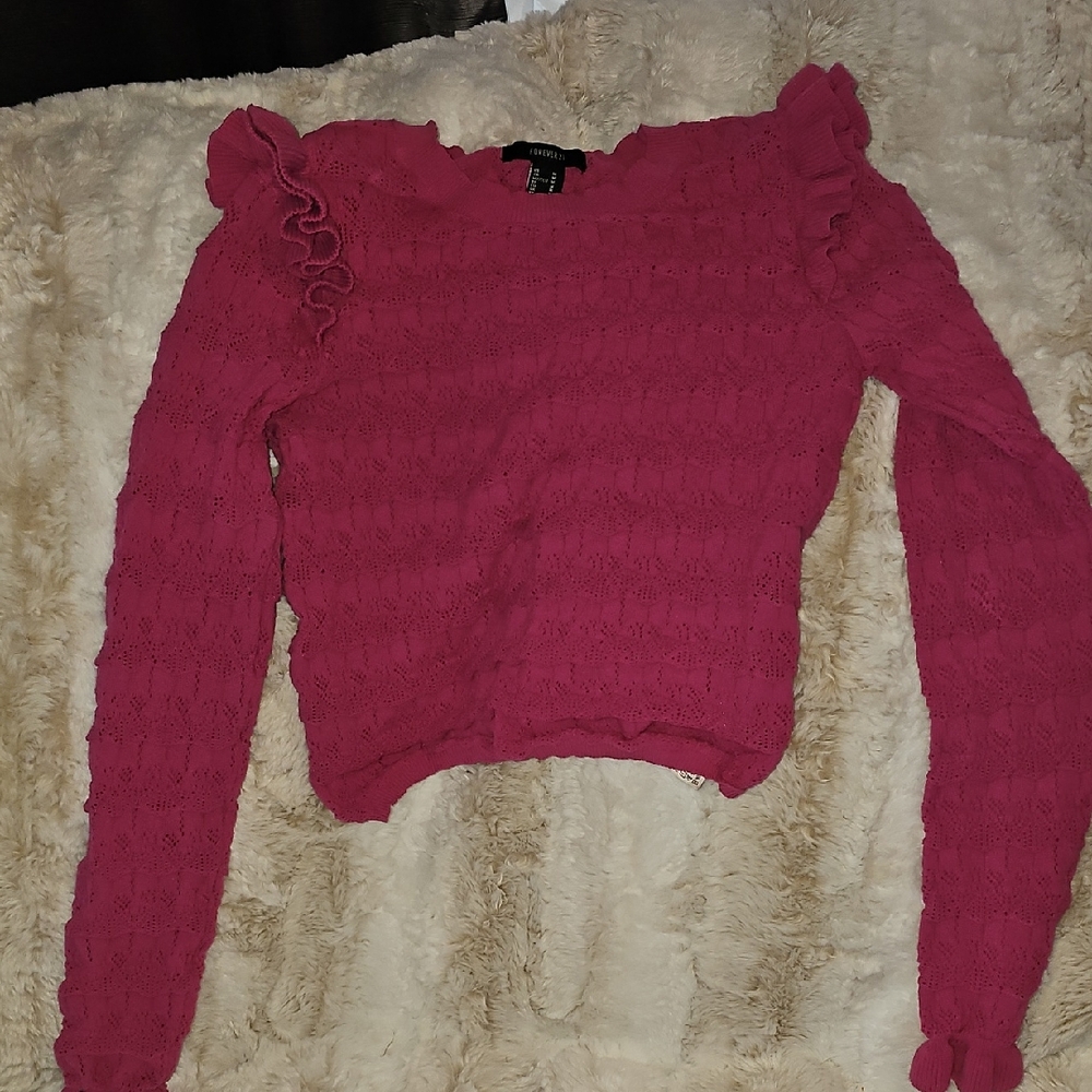 Forever 21 Pink Sweater, Shoulder Ruffles With Fitting STRETCH